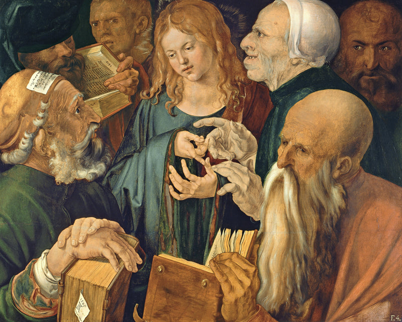 Christ Among the Doctors by Dürer: a young Jesus in blue surrounded by bearded scholars with books, gesturing hands