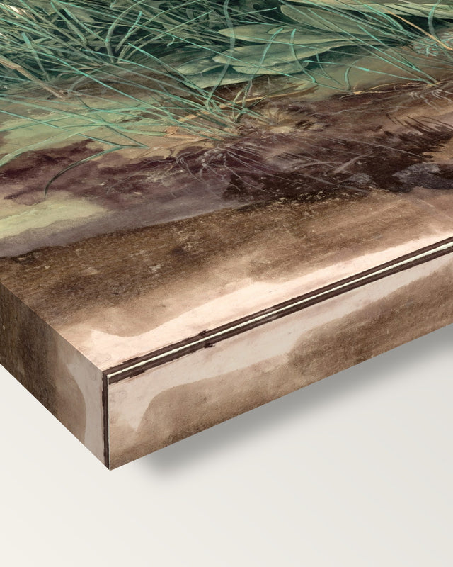 Great Piece of Turf by Albrecht Dürer on stretched canvas, corner close-up: the painting mirror-wrapped round the sides