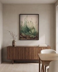 Great Piece of Turf by Albrecht Dürer in a black frame above a walnut sideboard in a dining room