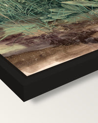 Great Piece of Turf by Dürer framed canvas, corner close-up: a black floating frame with a shadow gap round the canvas