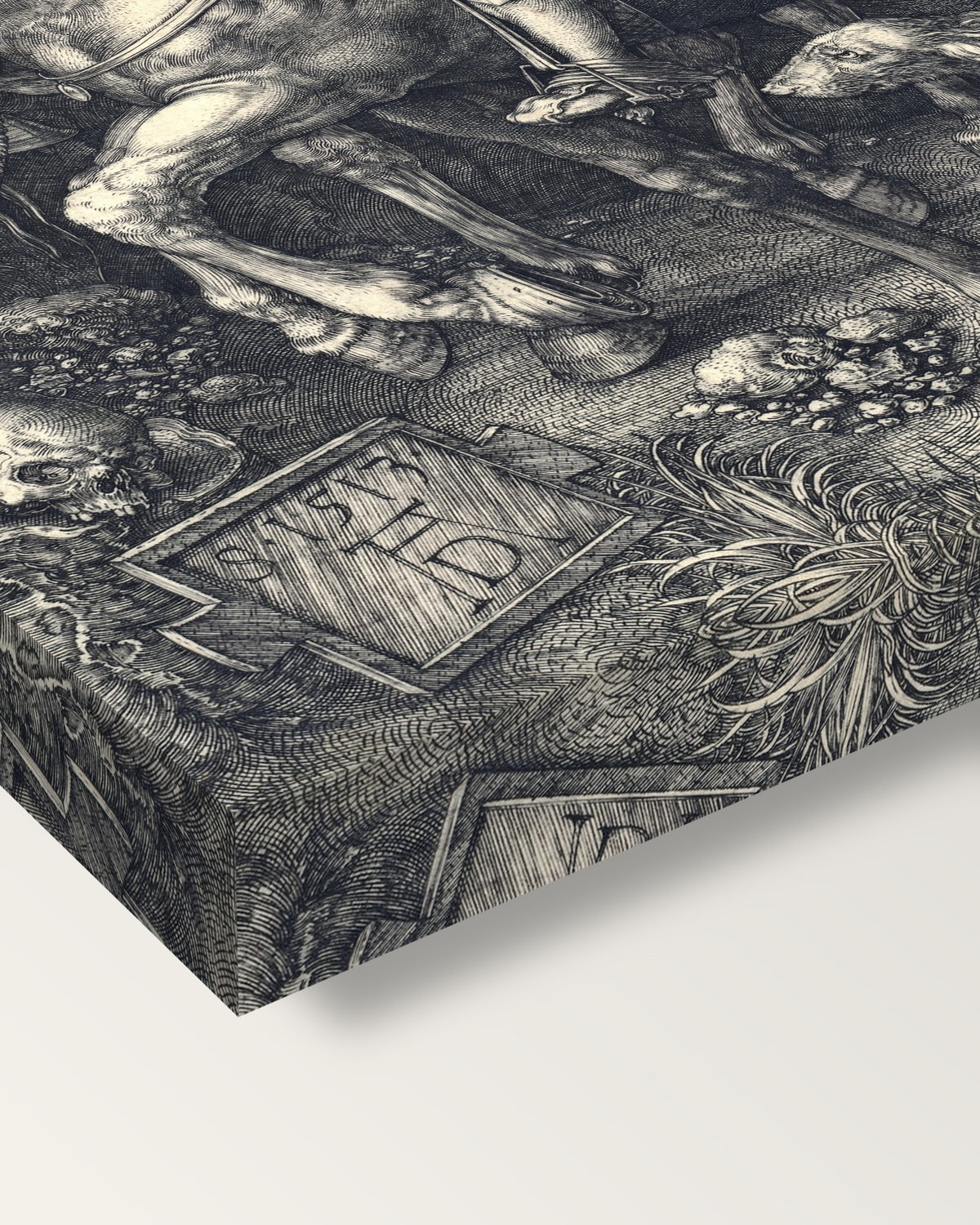 Knight, Death and the Devil by Dürer on stretched canvas, corner close-up: the painting mirror-wrapped round the sides