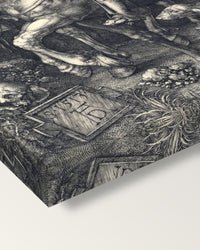 Knight, Death and the Devil by Dürer on stretched canvas, corner close-up: the painting mirror-wrapped round the sides