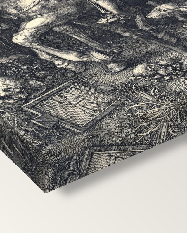 Knight, Death and the Devil by Dürer on stretched canvas, corner close-up: the painting mirror-wrapped round the sides