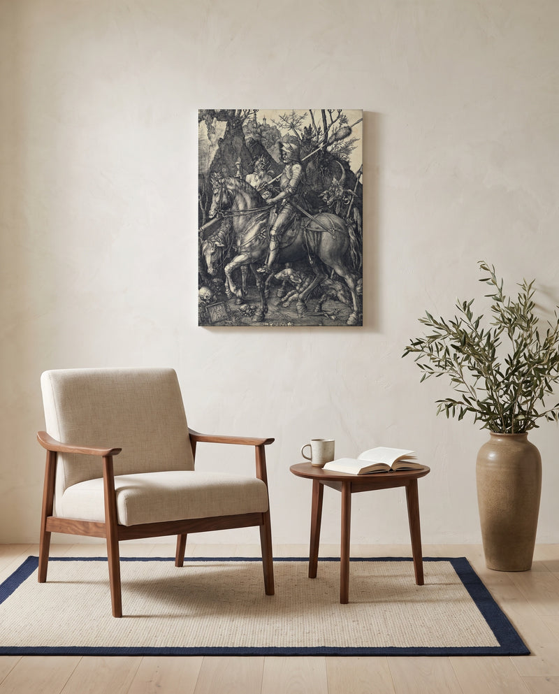 Knight, Death and the Devil by Albrecht Dürer as a stretched canvas above a linen lounge chair in a reading corner
