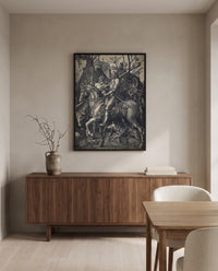 Knight, Death and the Devil by Albrecht Dürer in a black frame above a walnut sideboard in a dining room