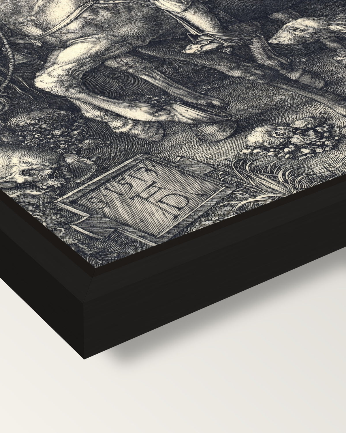 Knight, Death and the Devil framed canvas, corner close-up: a black floating frame with a shadow gap round the canvas