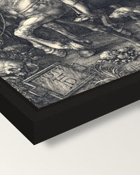 Knight, Death and the Devil framed canvas, corner close-up: a black floating frame with a shadow gap round the canvas