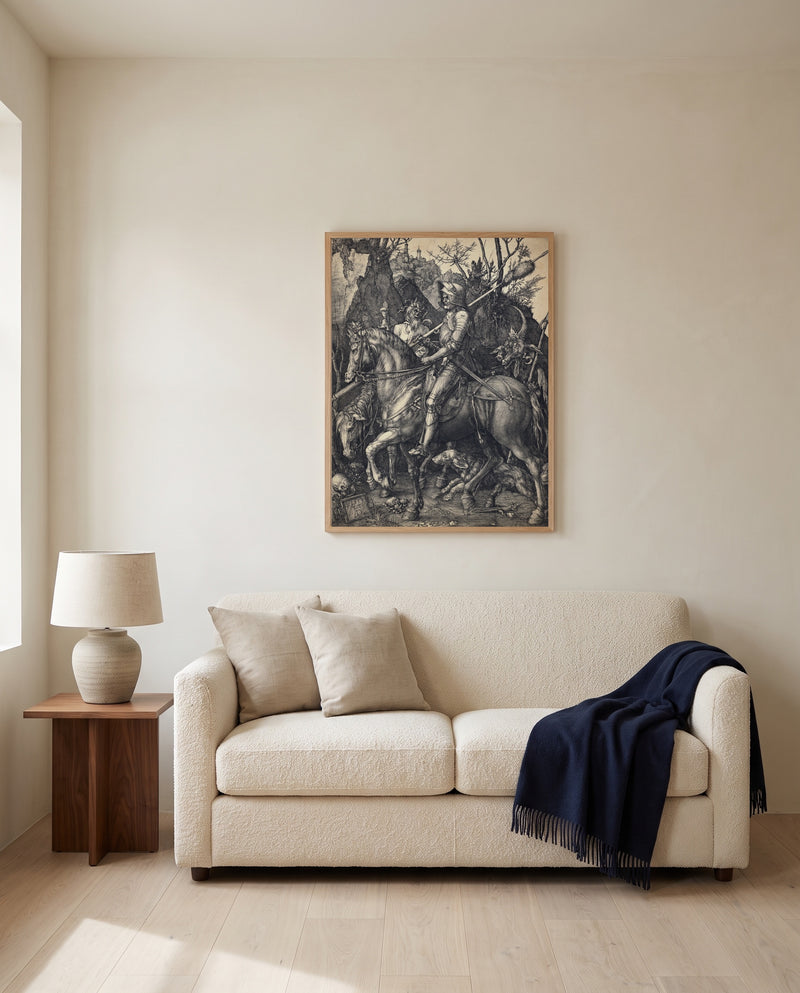 Knight, Death and the Devil by Albrecht Dürer framed in natural oak above a cream sofa in a warm living room