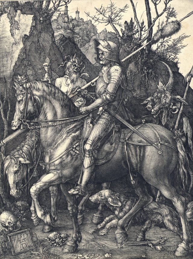 Knight, Death and the Devil by Albrecht Dürer: an armoured knight on horseback with his dog, Death and a horned devil near