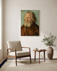 Hieronymus Holzschuher by Albrecht Dürer as a stretched canvas above a linen lounge chair in a reading corner