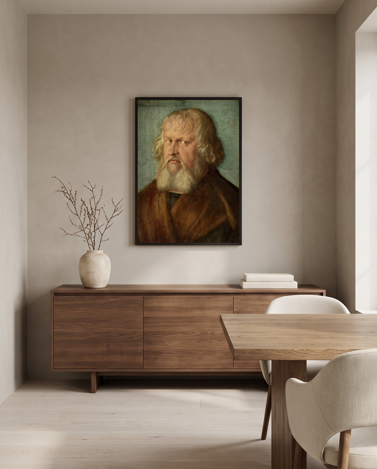 Hieronymus Holzschuher by Albrecht Dürer in a black frame above a walnut sideboard in a dining room