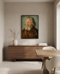 Hieronymus Holzschuher by Albrecht Dürer in a black frame above a walnut sideboard in a dining room