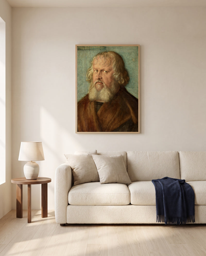 Hieronymus Holzschuher by Albrecht Dürer framed in natural oak above a cream sofa in a warm living room