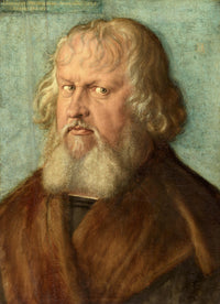 Portrait of Hieronymus Holzschuher by Dürer: an old man with white hair and beard in a fur collar, a Latin inscription above