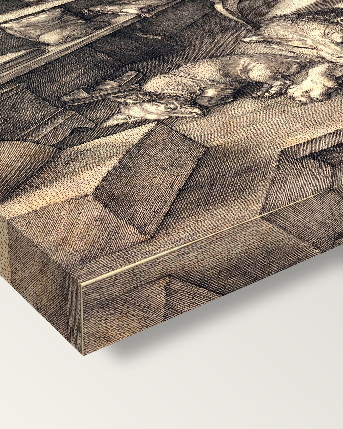 Saint Jerome in His Study by Albrecht Dürer on stretched canvas, corner close-up: the painting mirror-wrapped round the sides