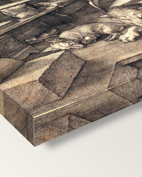 Saint Jerome in His Study by Albrecht Dürer on stretched canvas, corner close-up: the painting mirror-wrapped round the sides
