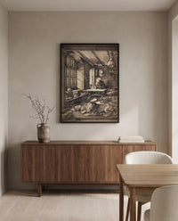 Saint Jerome in His Study by Albrecht Dürer in a black frame above a walnut sideboard in a dining room