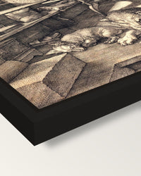 Saint Jerome in His Study by Dürer framed canvas, corner close-up: a black floating frame with a shadow gap round the canvas