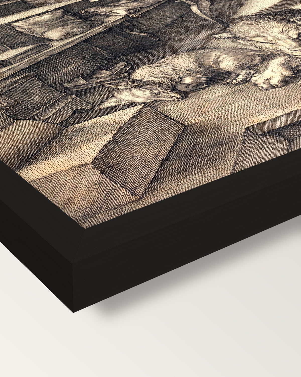Saint Jerome in His Study by Dürer framed print, corner close-up: black moulding, mitred, the print set just below its edge
