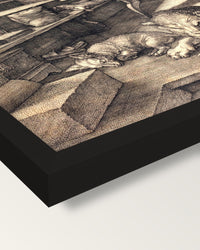Saint Jerome in His Study by Dürer framed print, corner close-up: black moulding, mitred, the print set just below its edge