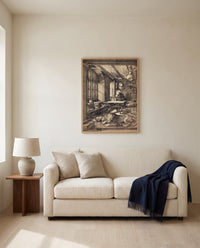 Saint Jerome in His Study by Albrecht Dürer framed in natural oak above a cream sofa in a warm living room