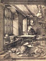 Saint Jerome in His Study by Albrecht Dürer: a saint writing at a desk in a sunlit room, a lion and a sleeping dog in front