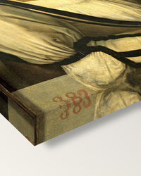 Self-Portrait (1498) by Albrecht Dürer on stretched canvas, corner close-up: the painting mirror-wrapped round the sides