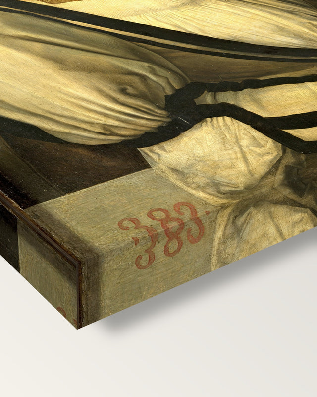 Self-Portrait (1498) by Albrecht Dürer on stretched canvas, corner close-up: the painting mirror-wrapped round the sides