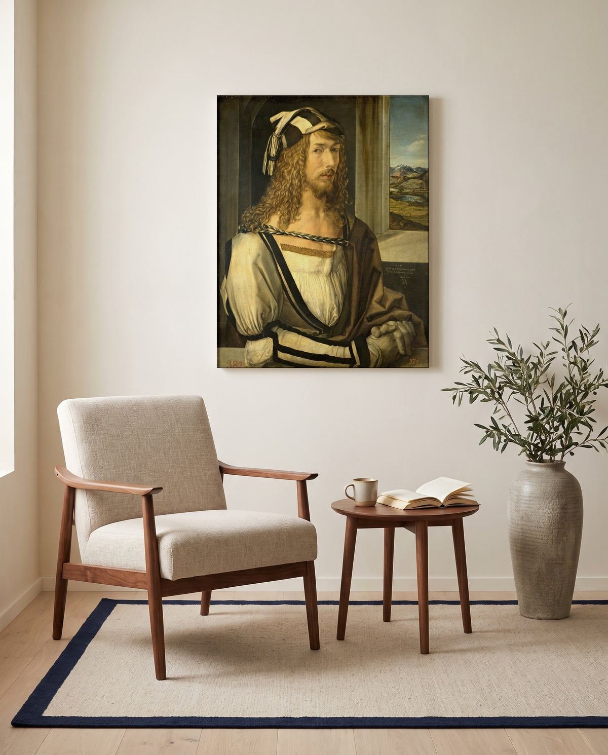 Self-Portrait (1498) by Albrecht Dürer as a stretched canvas above a linen lounge chair in a reading corner