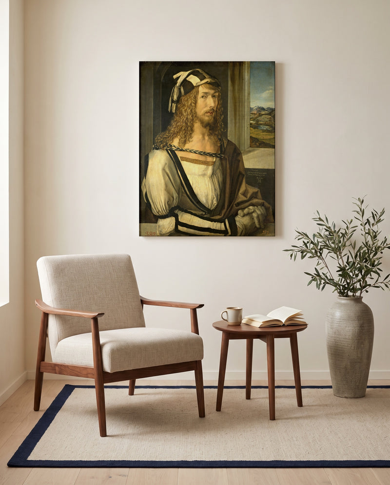 Self-Portrait (1498) by Albrecht Dürer as a stretched canvas above a linen lounge chair in a reading corner