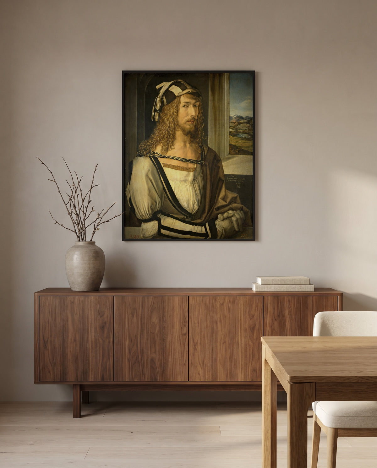 Self-Portrait (1498) by Albrecht Dürer in a black frame above a walnut sideboard in a dining room