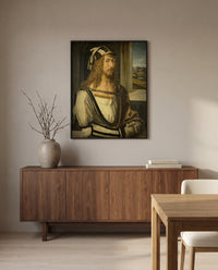 Self-Portrait (1498) by Albrecht Dürer in a black frame above a walnut sideboard in a dining room