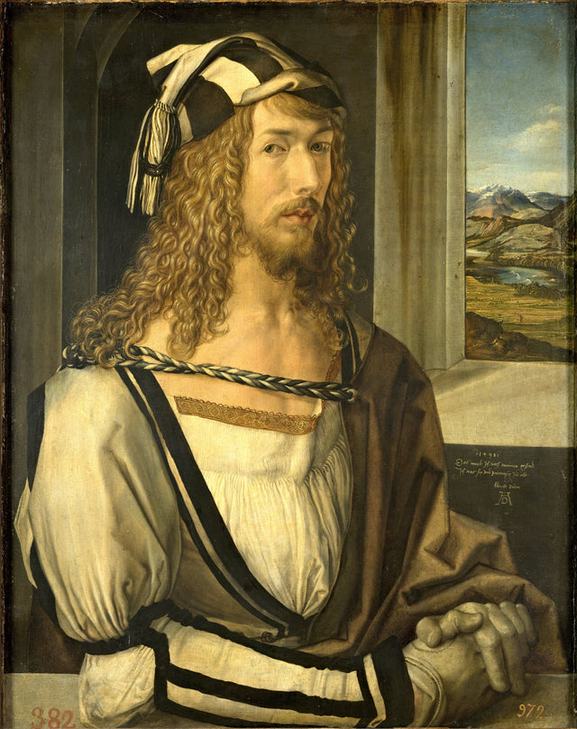 Self-Portrait by Albrecht Dürer, 1498: a young man with blond curls in a striped hat and white clothes, mountains behind