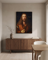 Self-Portrait (1500) by Albrecht Dürer in a black frame above a walnut sideboard in a dining room