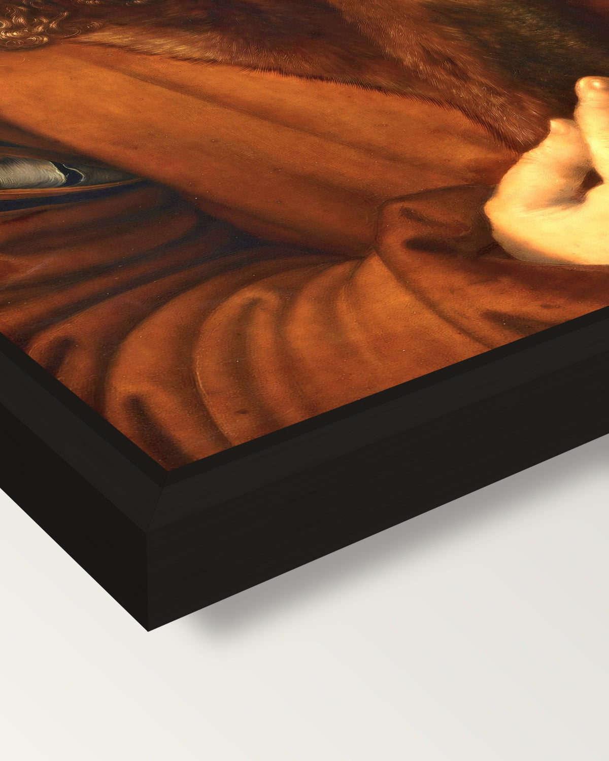 Self-Portrait (1500) by Dürer framed canvas, corner close-up: a black floating frame with a shadow gap round the canvas