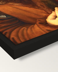 Self-Portrait (1500) by Dürer framed canvas, corner close-up: a black floating frame with a shadow gap round the canvas