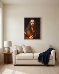 Self-Portrait (1500) by Albrecht Dürer framed in natural oak above a cream sofa in a warm living room
