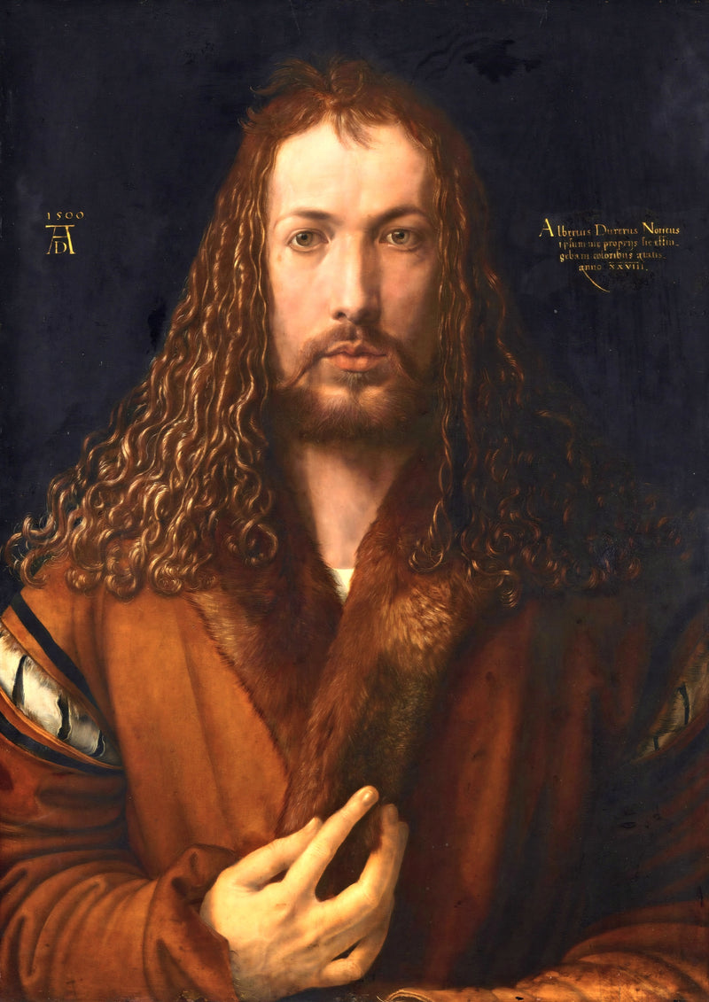 Self-Portrait by Albrecht Dürer, 1500: a long-haired, bearded man facing us, hand at his fur collar, dark background