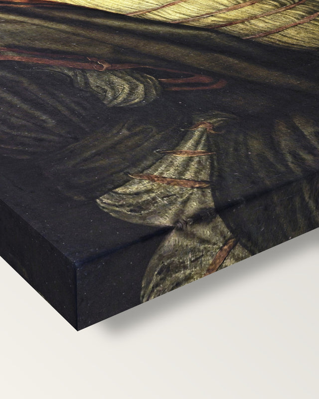 Self-Portrait with Thistle by Dürer on stretched canvas, corner close-up: the painting mirror-wrapped round the sides