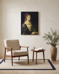 Self-Portrait with Thistle by Albrecht Dürer as a stretched canvas above a linen lounge chair in a reading corner