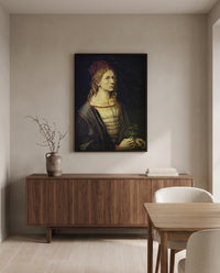 Self-Portrait with Thistle by Albrecht Dürer in a black frame above a walnut sideboard in a dining room
