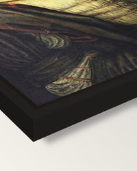Self-Portrait with Thistle by Dürer framed canvas, corner close-up: a black floating frame with a shadow gap round the canvas