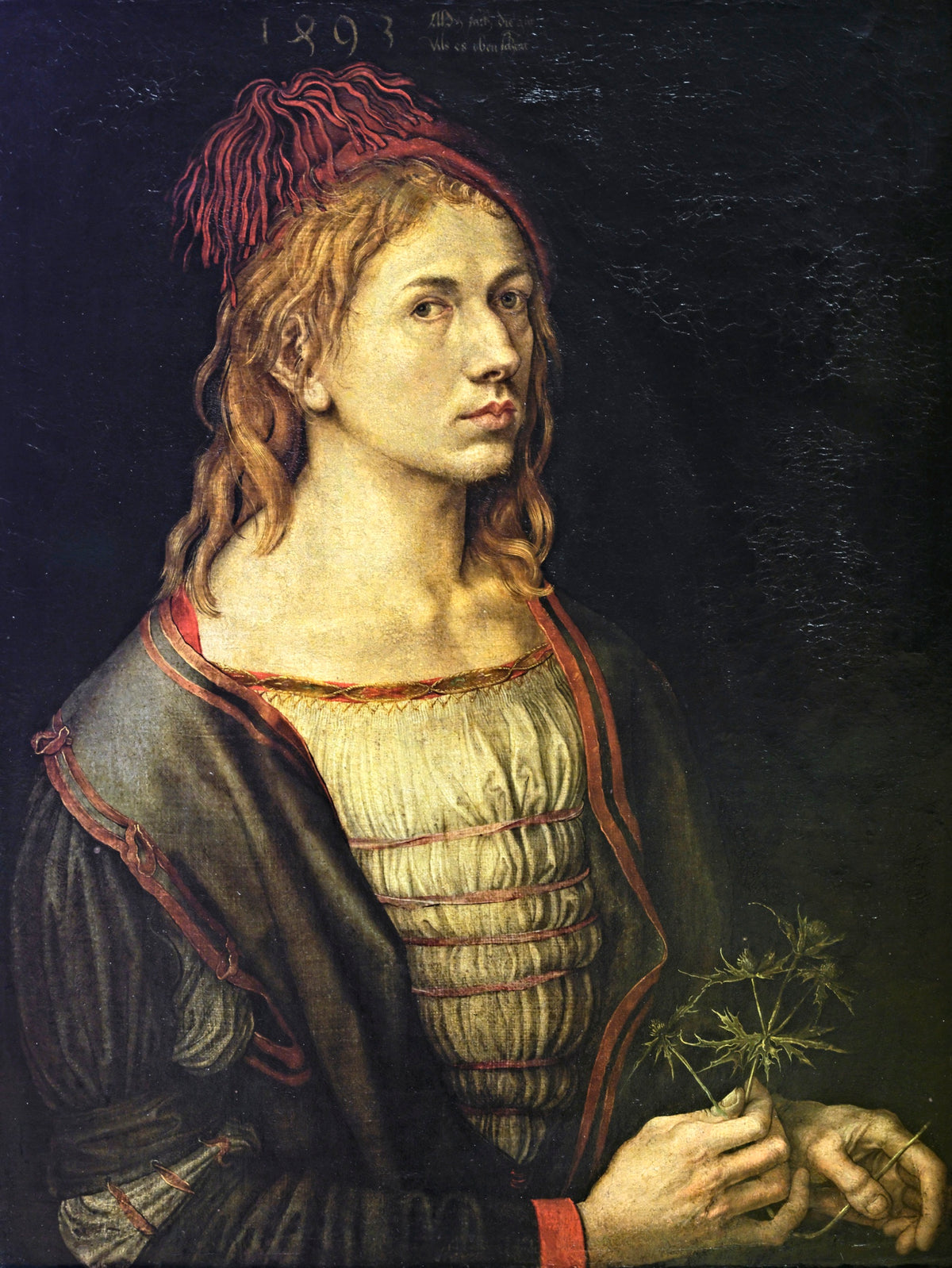 Self-Portrait with a Thistle by Albrecht Dürer: a young man with long hair in a red tasselled cap holding a sprig of thistle