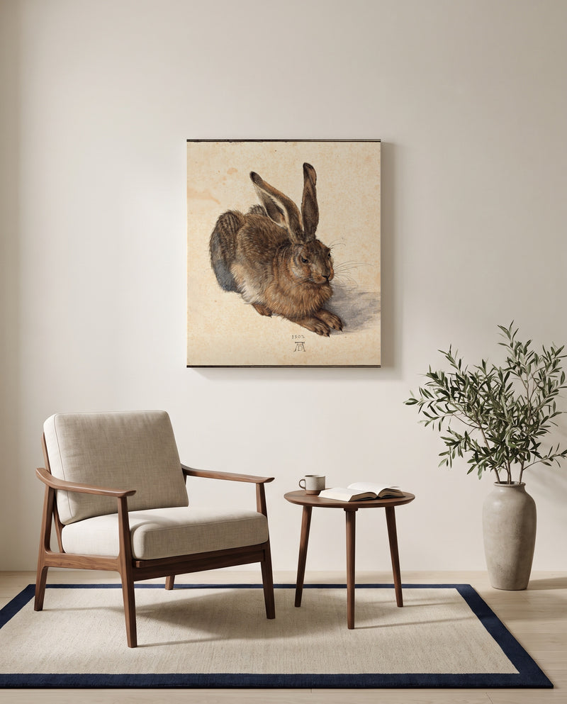 Young Hare by Albrecht Dürer as a stretched canvas above a linen lounge chair in a reading corner