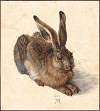 Young Hare by Albrecht Dürer: a brown hare crouching on pale paper, every hair of its fur painted, ears raised, whiskers fine