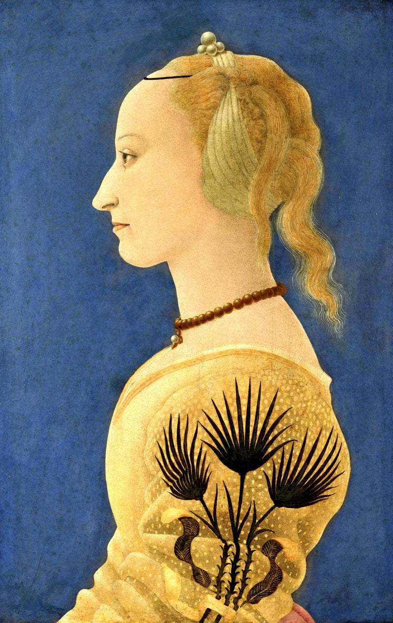 Portrait of a Lady in Yellow by Baldovinetti: a fair young woman in profile in a yellow dress against a deep blue ground