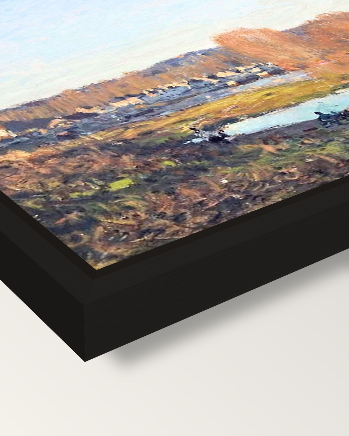 Autumn near Bougival by Sisley framed canvas, corner close-up: a black floating frame with a shadow gap round the canvas