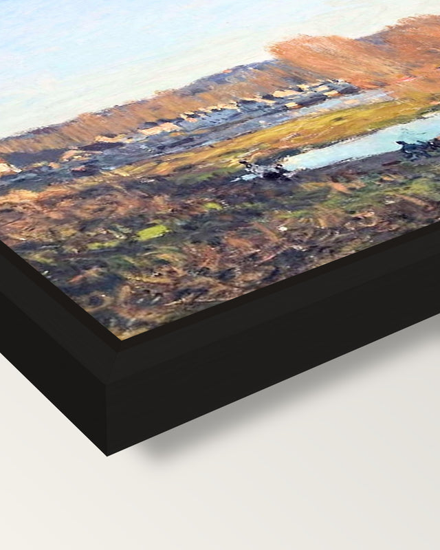 Autumn near Bougival by Sisley framed canvas, corner close-up: a black floating frame with a shadow gap round the canvas