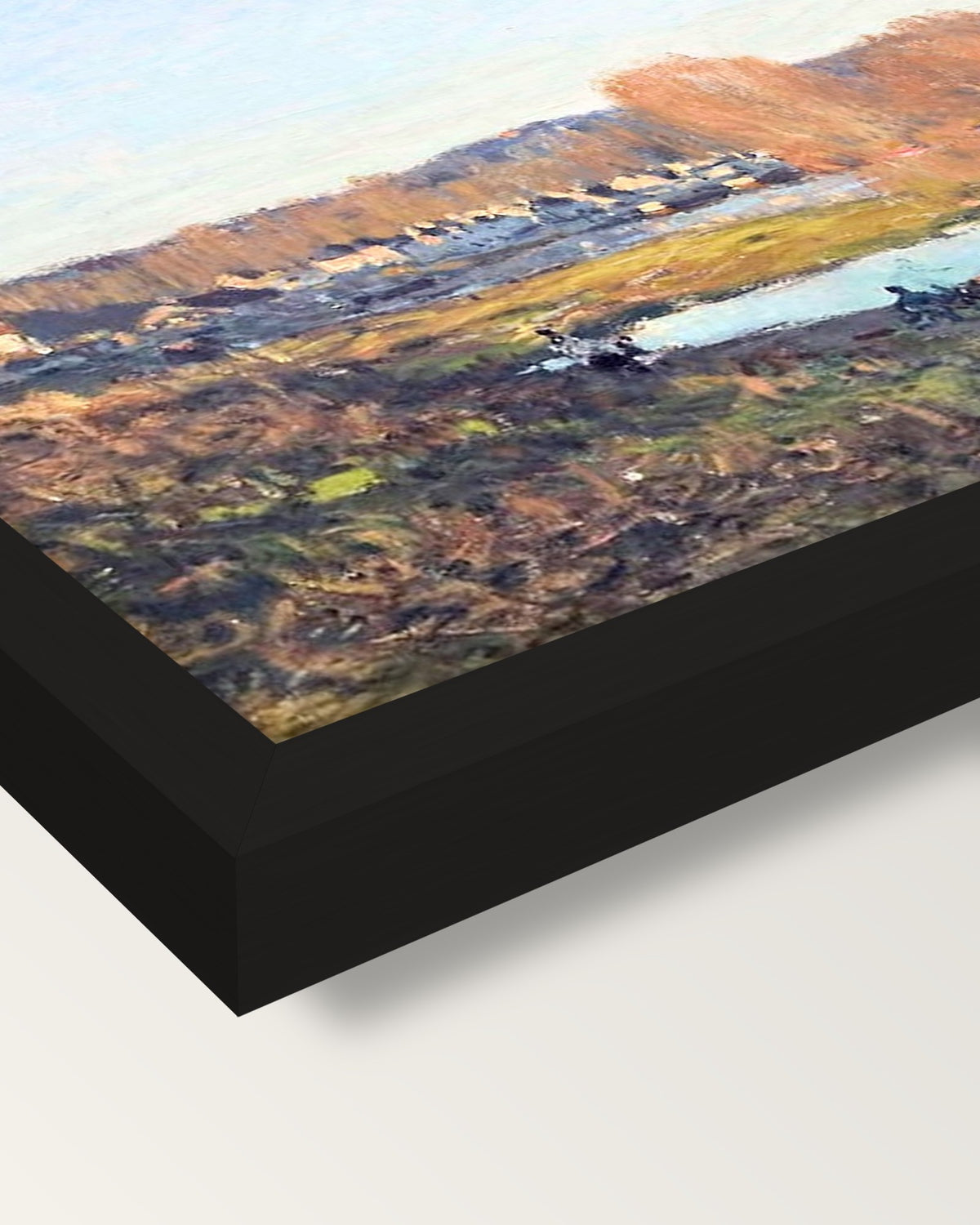 Autumn near Bougival by Sisley framed print, corner close-up: black moulding, mitred, the print set just below its edge