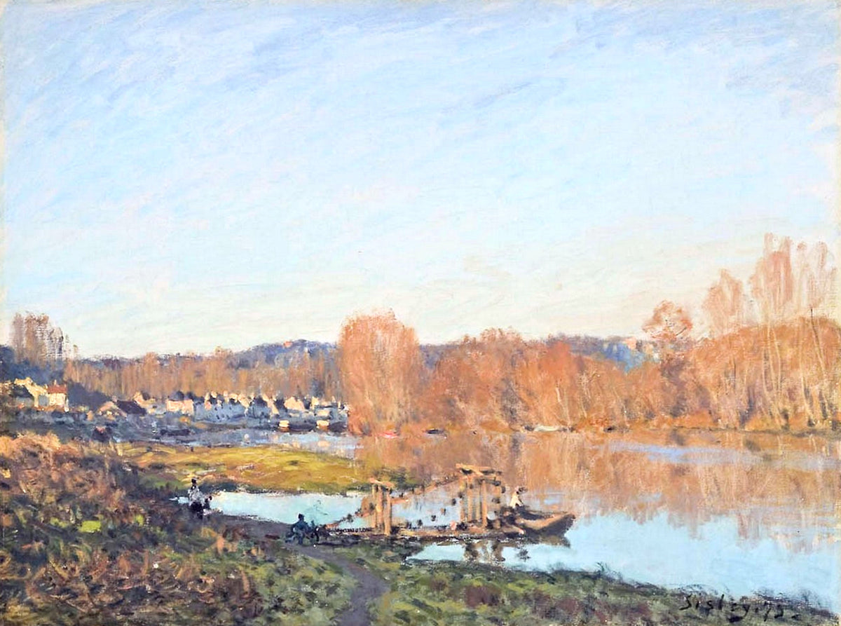 Autumn: Banks of the Seine near Bougival by Alfred Sisley: orange autumn trees along a still blue river under a pale sky